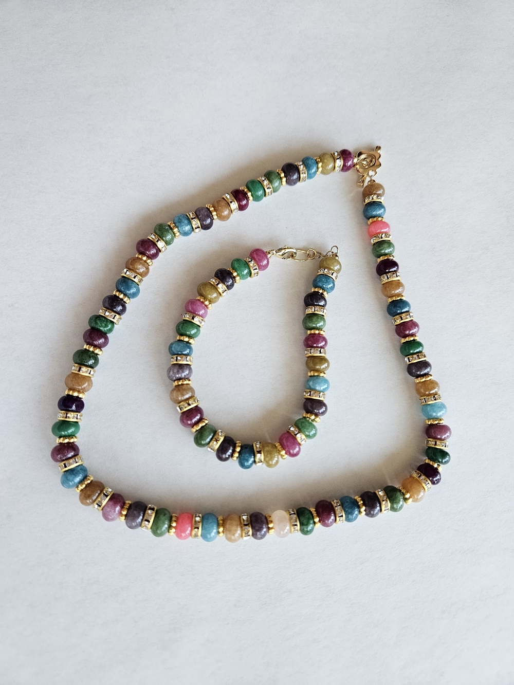 Multicolor  Handmade Stone Beaded Necklace and Bracelet Set - Gold Accent